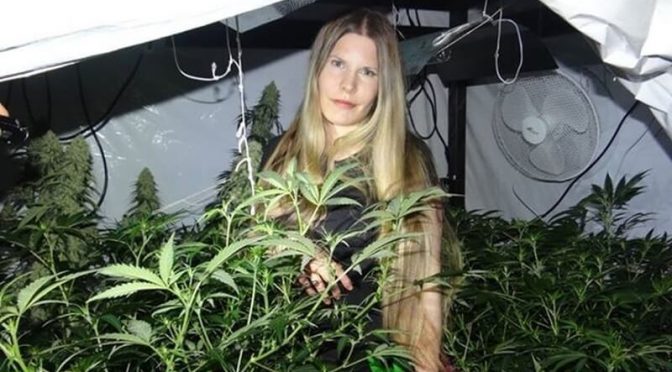 Cannabis Patientin zwischen Hanfpflanzen vor der Repression